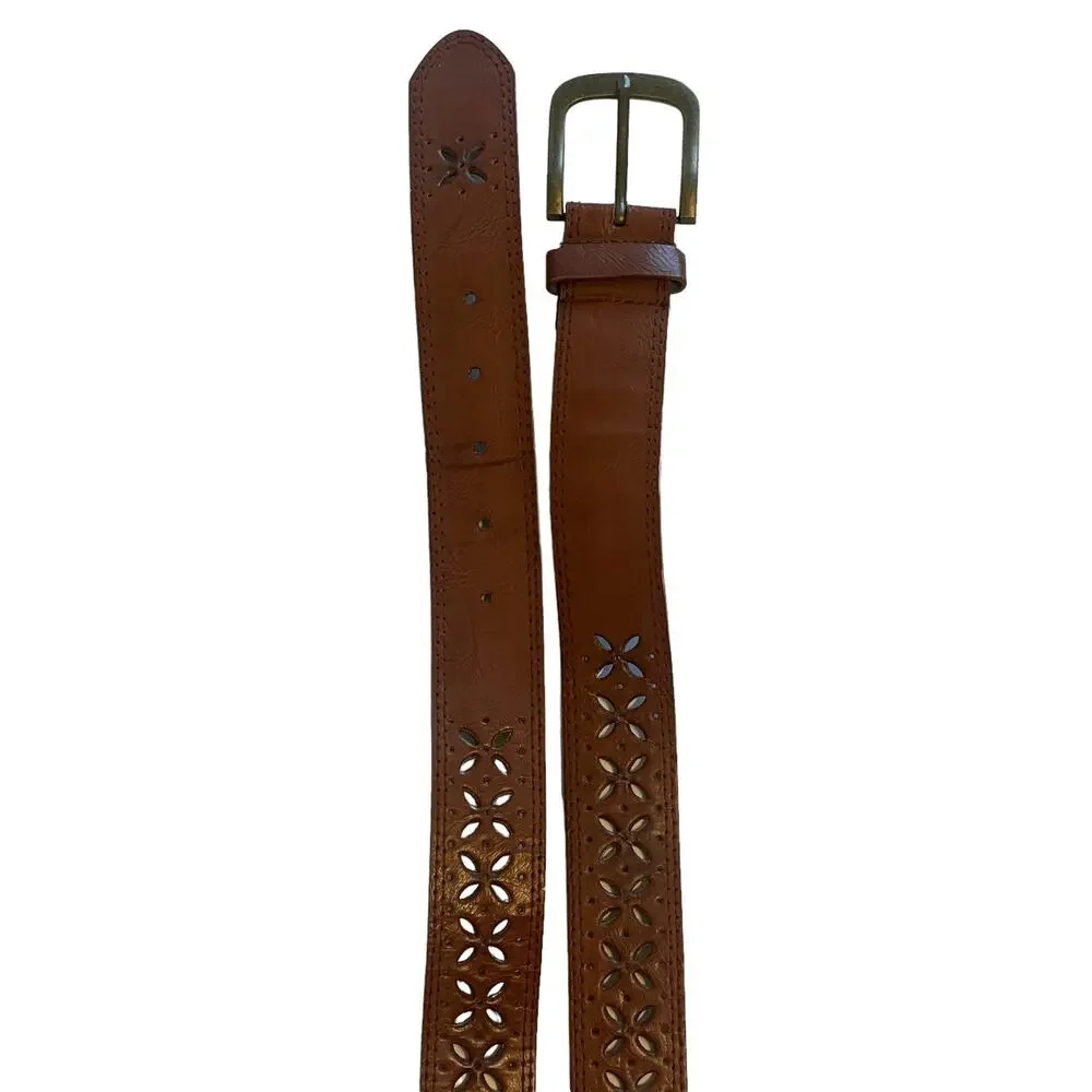 Brown Embossed Diamond Floral Faux Leather Belt Womens Small Gold Buckle Boho